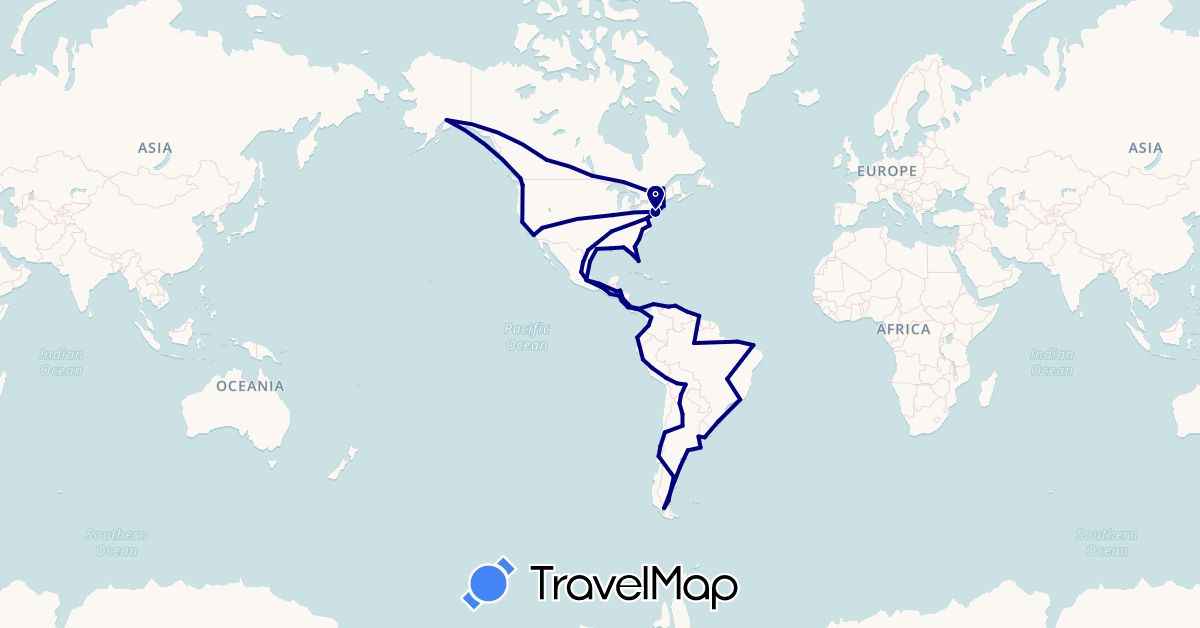 TravelMap itinerary: driving in Argentina, Bolivia, Brazil, Canada, Chile, Colombia, Costa Rica, Ecuador, Guatemala, Guyana, Honduras, Mexico, Nicaragua, Panama, Peru, United States, Uruguay, Venezuela (North America, South America)